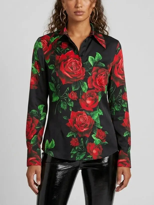 Black Silk Rose Print Shirt with Concealed Buttons - Tops