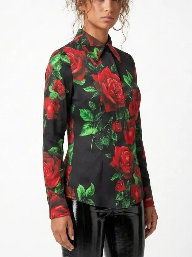Black Silk Rose Print Shirt with Concealed Buttons - Tops