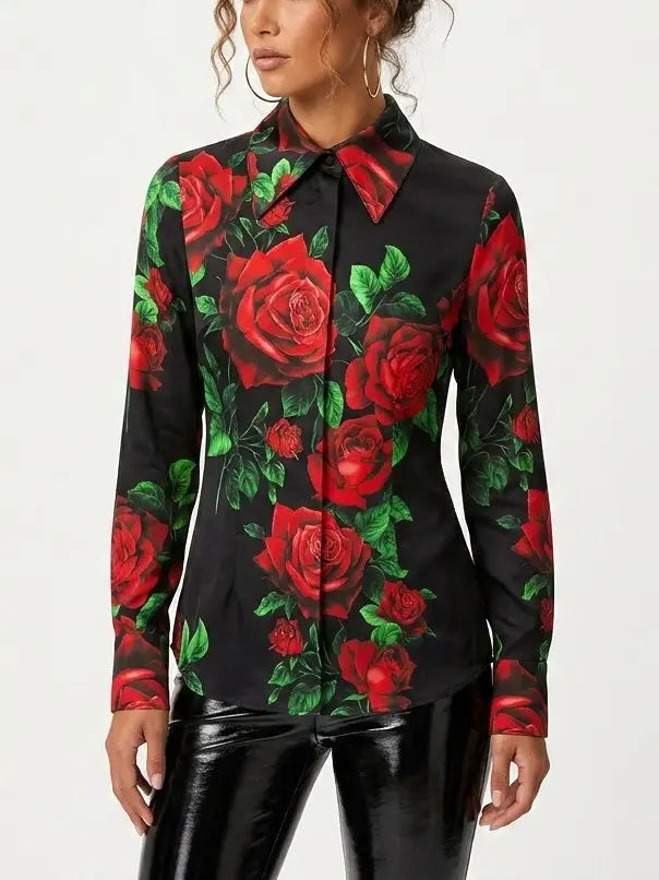 Black Silk Rose Print Shirt with Concealed Buttons - Tops