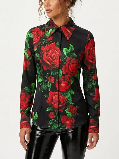 Black Silk Rose Print Shirt with Concealed Buttons - Tops