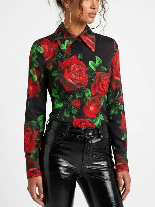 Black Silk Rose Print Shirt with Concealed Buttons - Tops