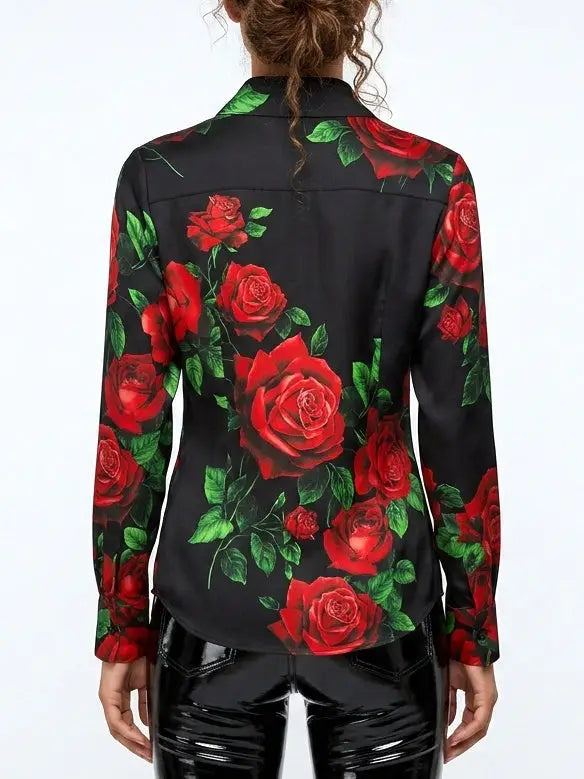 Black Silk Rose Print Shirt with Concealed Buttons - Tops