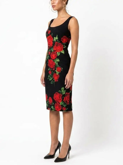 Black Silk Rose Print Tank Sheath Dress - Dresses