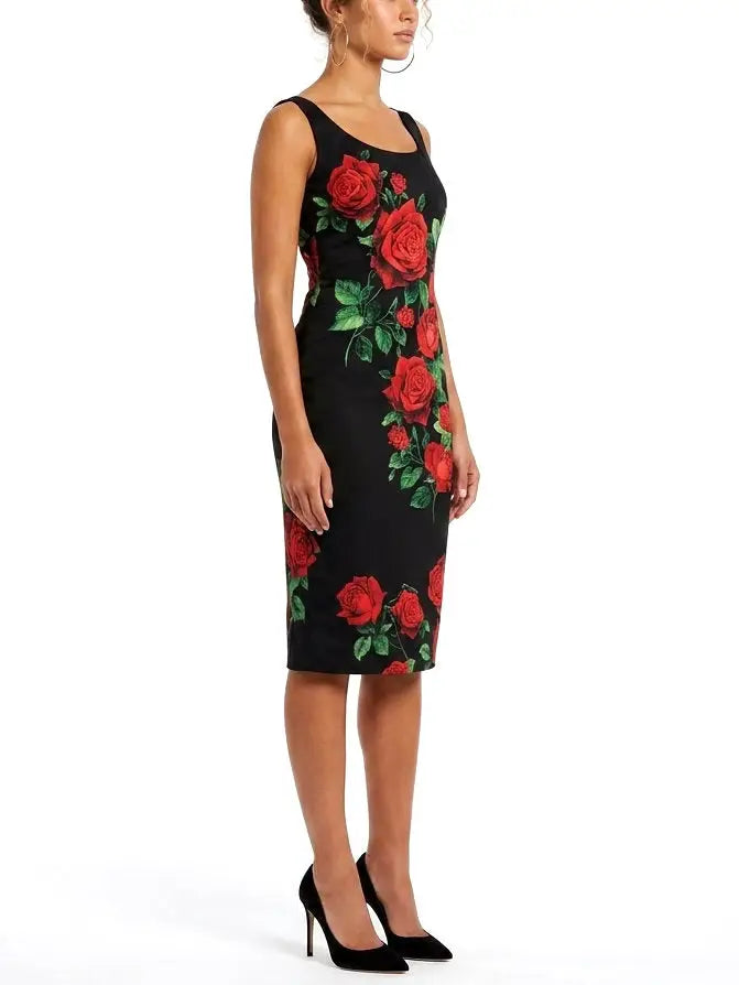 Black Silk Rose Print Tank Sheath Dress - Dresses