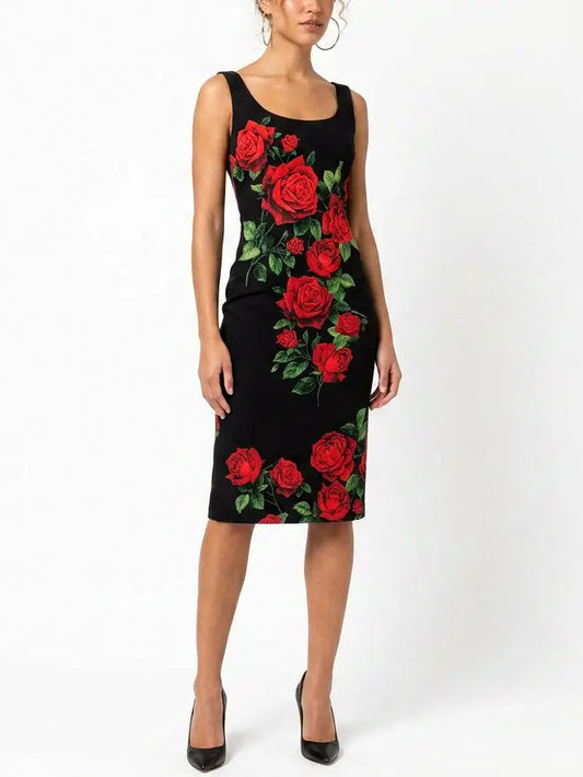 Black Silk Rose Print Tank Sheath Dress - Dresses