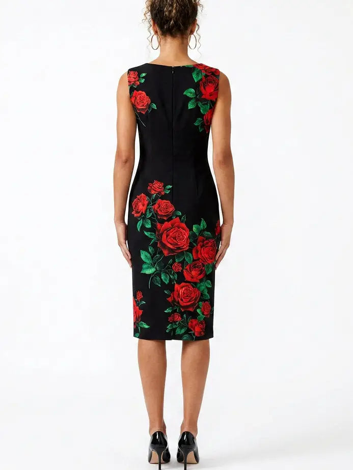 Black Silk Rose Print Tank Sheath Dress - Dresses