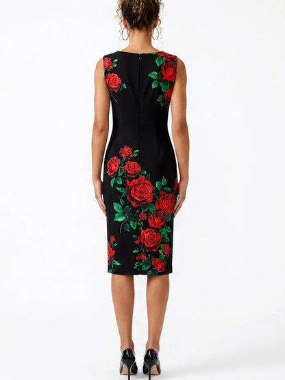 Black Silk Rose Print Tank Sheath Dress - Dresses