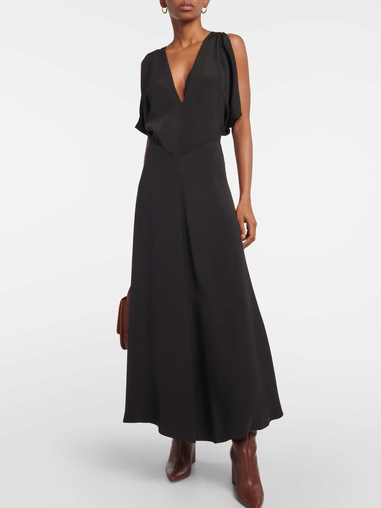 Black Silk V-Neck Maxi Dress - Dresses