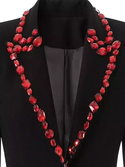 Black Single-Breasted Blazer with Red Jewels - Jackets