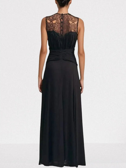 Black Sleeveless Lace and Gathered Detail Maxi Dress - Dresses