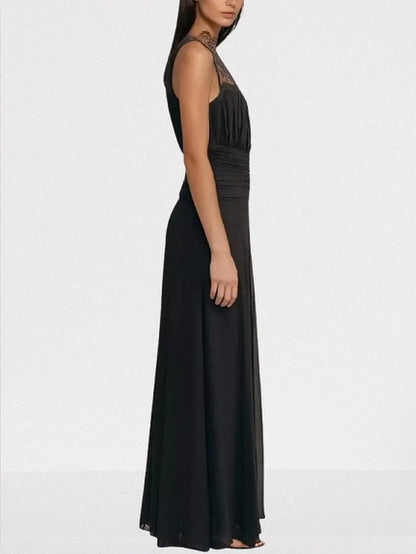 Black Sleeveless Lace and Gathered Detail Maxi Dress - Dresses