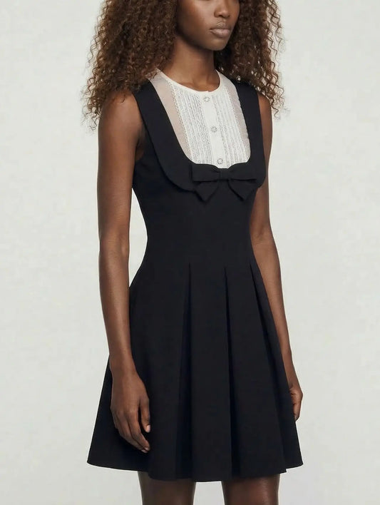 Black Sleeveless Mini Dress with Bow and Contrast Bib - Dresses
