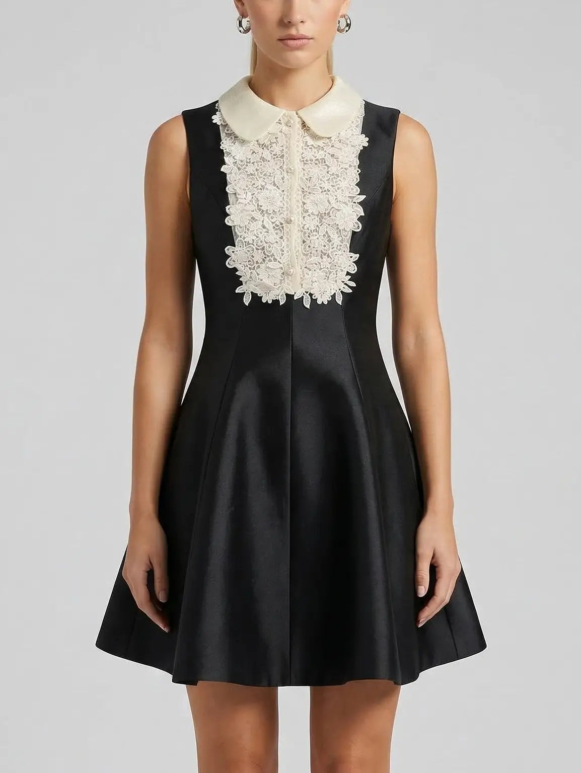 Black Sleeveless Mini Dress with Lace Bib Collar - Dresses