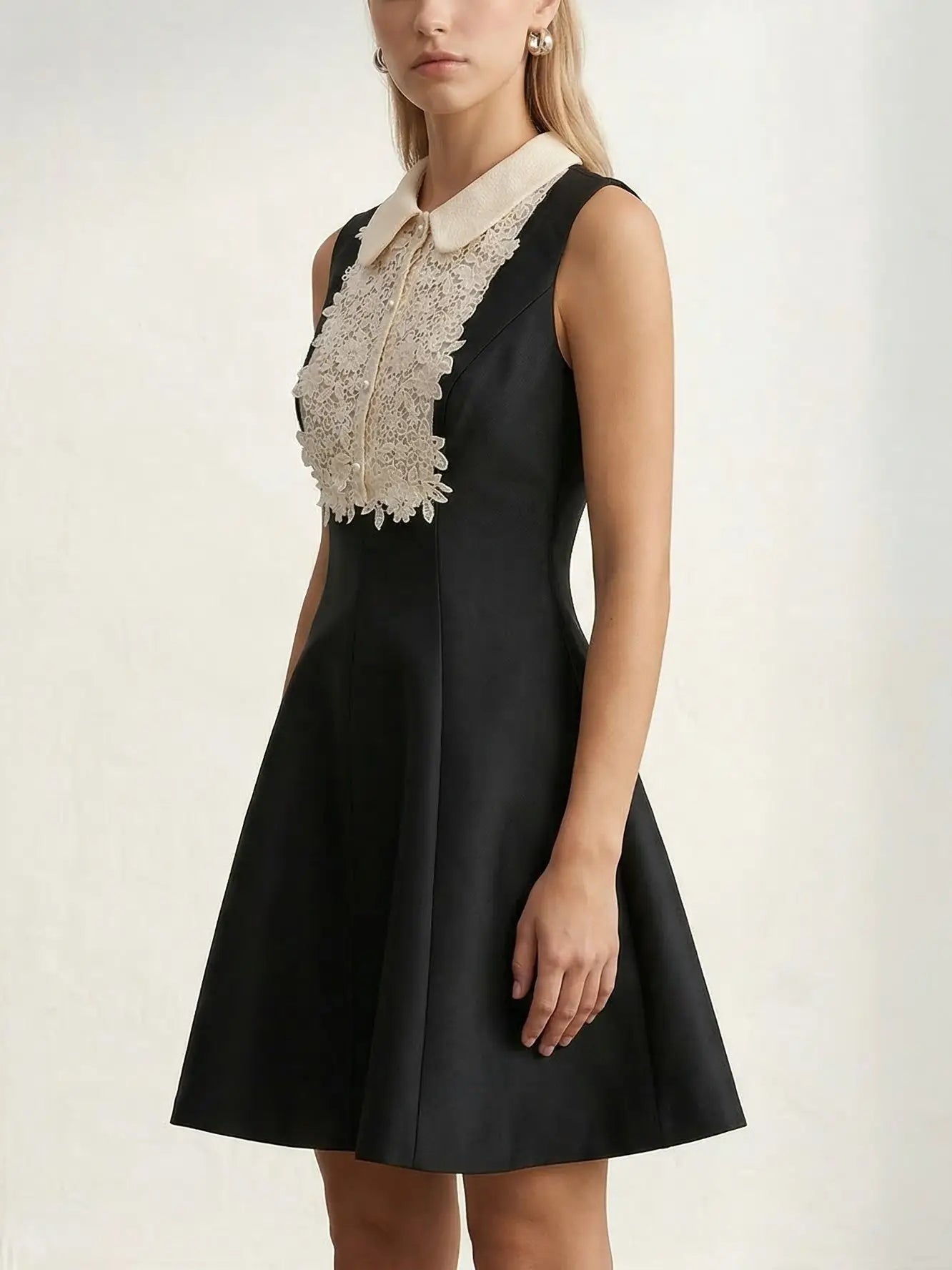 Black Sleeveless Mini Dress with Lace Bib Collar - Dresses