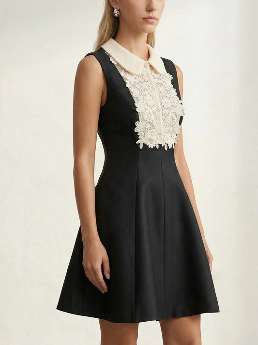 Black Sleeveless Mini Dress with Lace Bib Collar - Dresses