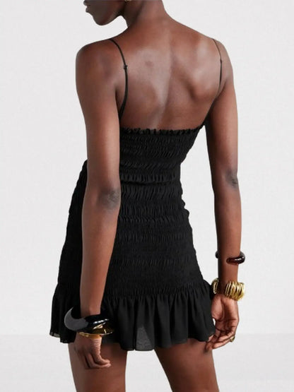 Black Smocked Ruffled Mini Evening Dress - Dresses