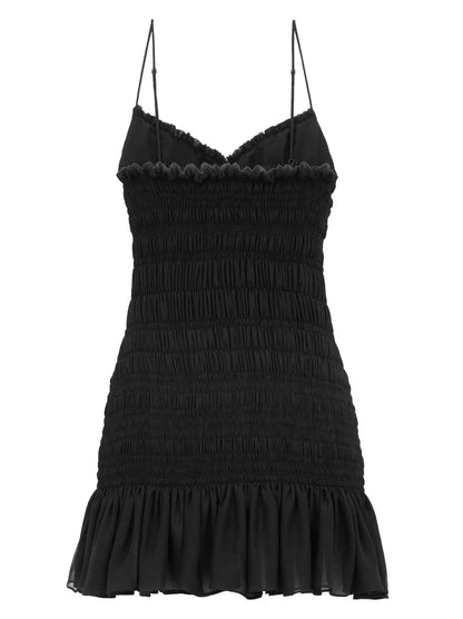 Black Smocked Ruffled Mini Evening Dress - Dresses