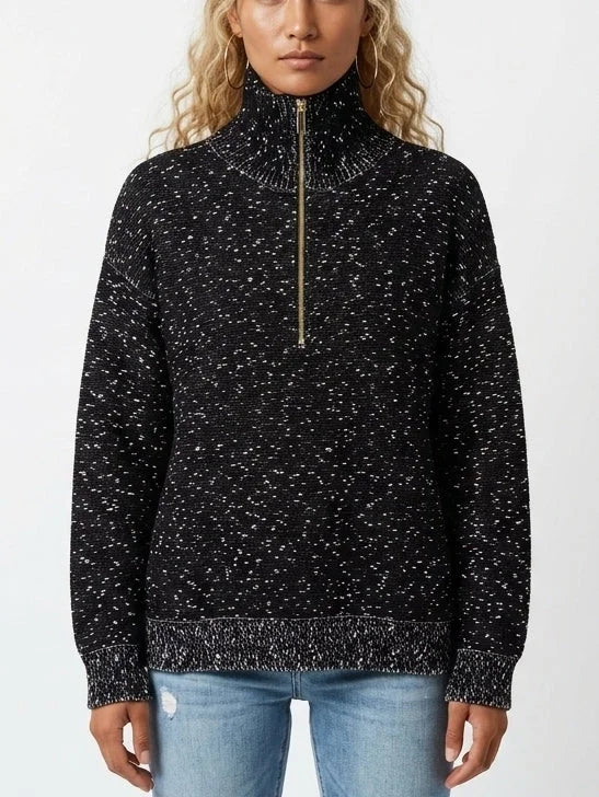 Black Speckled Half-Zip Knit High-Neck Sweater - Sweaters & Knitwear