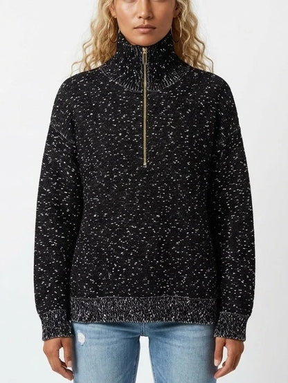 Black Speckled Half-Zip Knit High-Neck Sweater - Sweaters & Knitwear