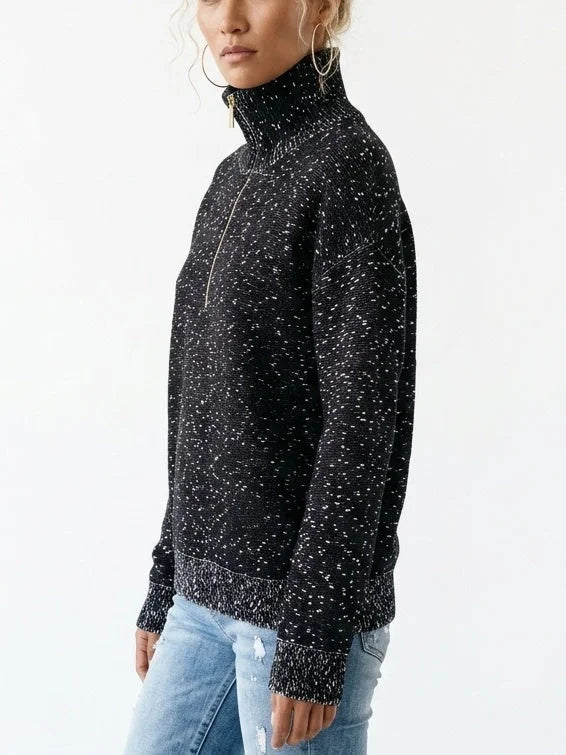 Black Speckled Half-Zip Knit High-Neck Sweater - Sweaters & Knitwear