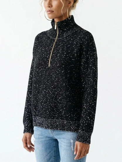 Black Speckled Half-Zip Knit High-Neck Sweater - Sweaters & Knitwear