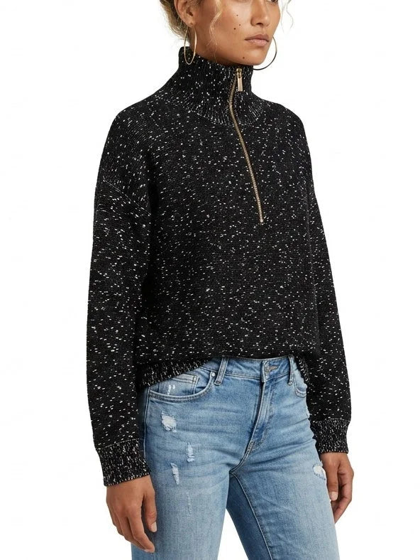 Black Speckled Half-Zip Knit High-Neck Sweater - Sweaters & Knitwear