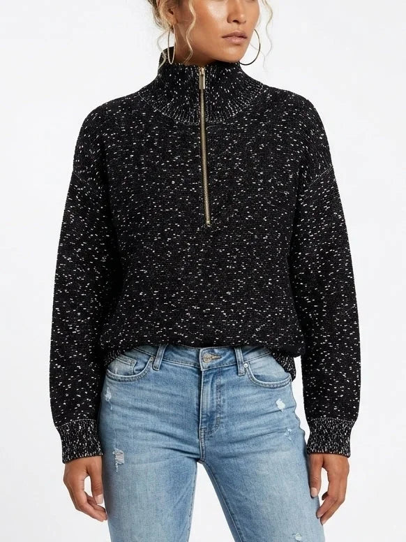 Black Speckled Half-Zip Knit High-Neck Sweater - Sweaters & Knitwear