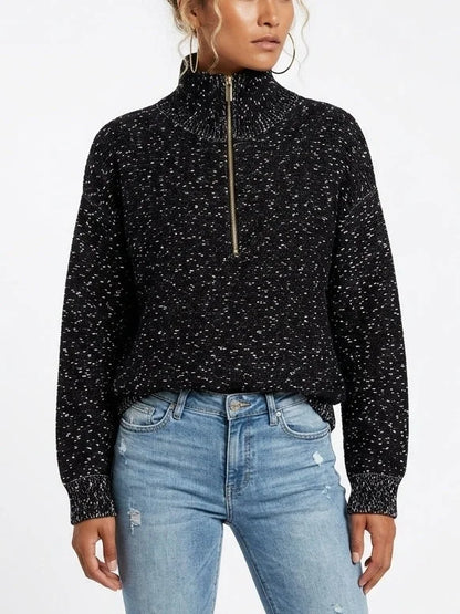 Black Speckled Half-Zip Knit High-Neck Sweater - Sweaters & Knitwear