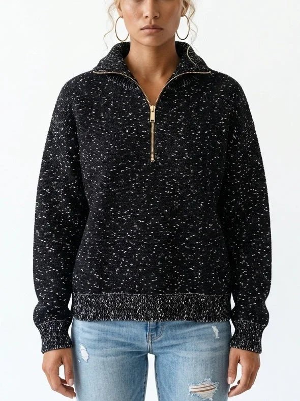 Black Speckled Half-Zip Knit High-Neck Sweater - Sweaters & Knitwear