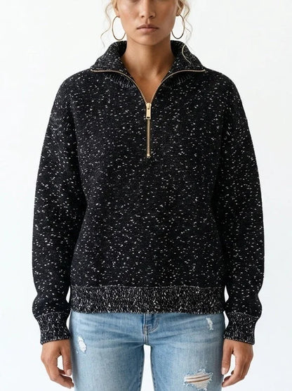 Black Speckled Half-Zip Knit High-Neck Sweater - Sweaters & Knitwear
