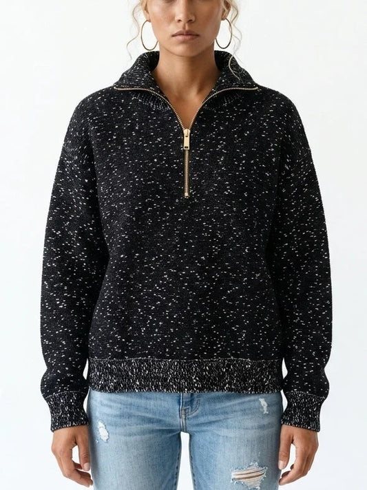 Black Speckled Half-Zip Knit High-Neck Sweater - Sweaters & Knitwear