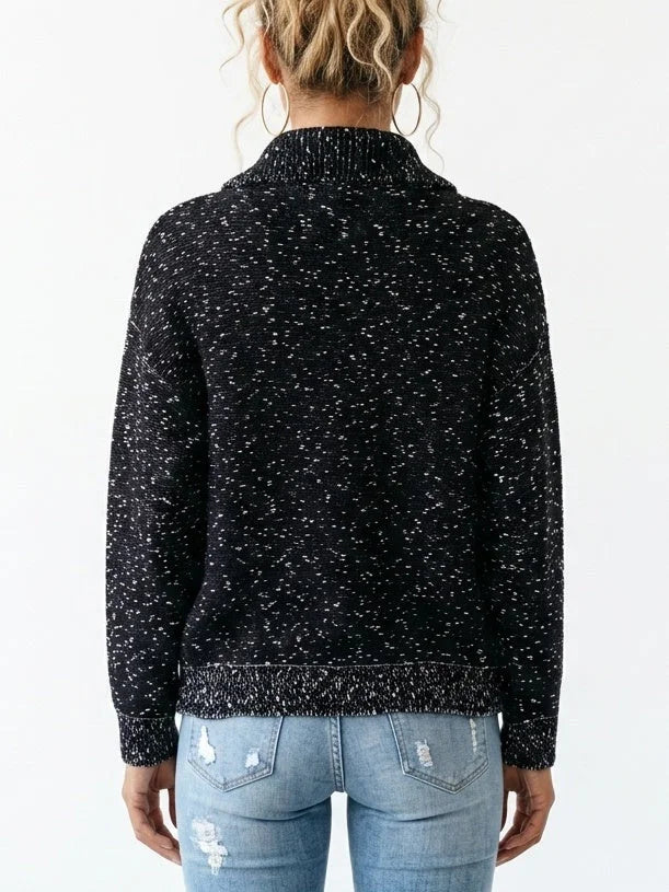 Black Speckled Half-Zip Knit High-Neck Sweater - Sweaters & Knitwear