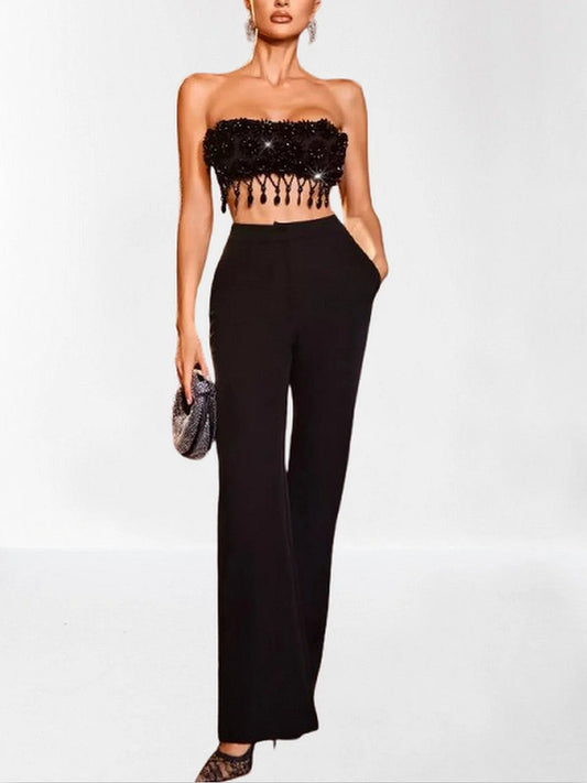 Black Strap Jewel Crop Top and Pant Set - Small - Suits & Sets