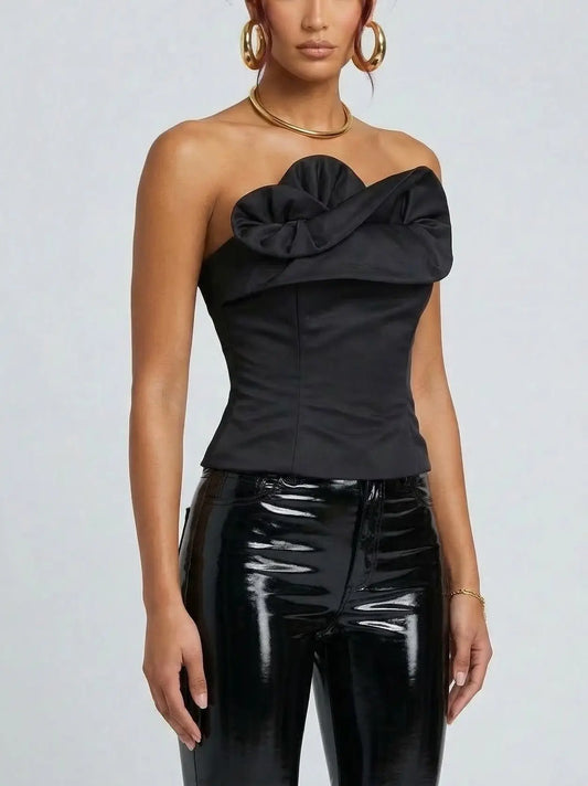 Black Strapless Corset Top with 3D Detail - Tops