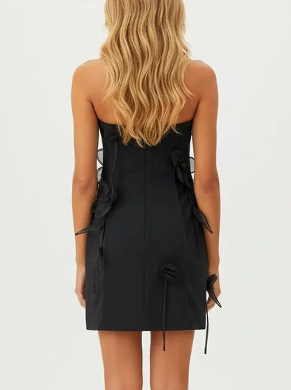 Black Strapless Mini Dress with Organza Floral Appliqués - Dresses