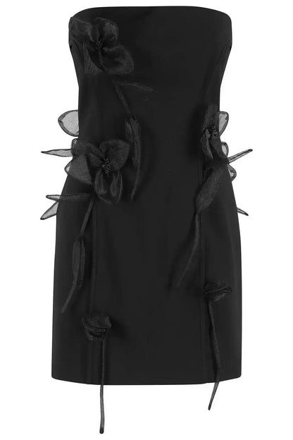 Black Strapless Mini Dress with Organza Floral Appliqués - Dresses