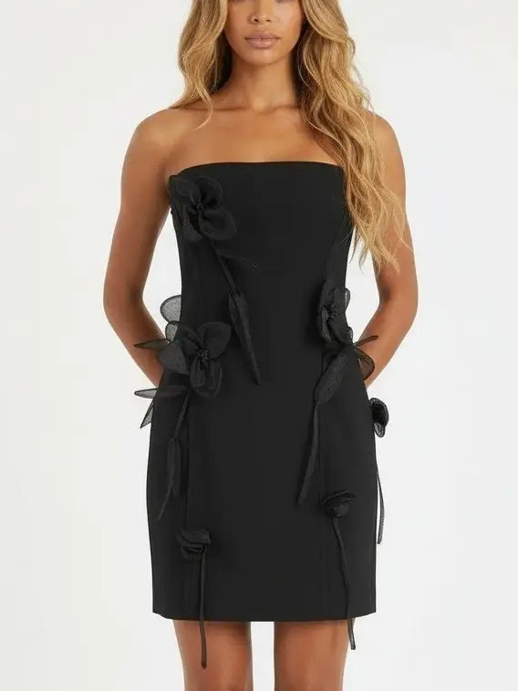 Black Strapless Mini Dress with Organza Floral Appliqués - Dresses