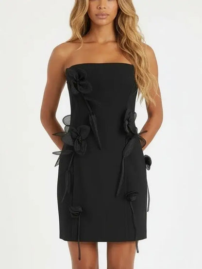 Black Strapless Mini Dress with Organza Floral Appliqués - Dresses