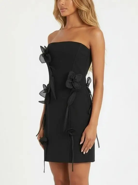 Black Strapless Mini Dress with Organza Floral Appliqués - Dresses