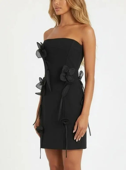 Black Strapless Mini Dress with Organza Floral Appliqués - Dresses