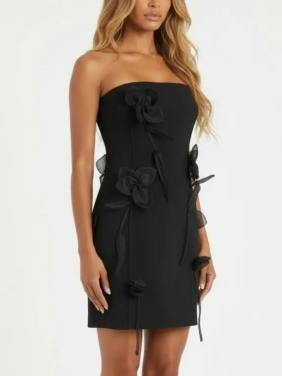 Black Strapless Mini Dress with Organza Floral Appliqués - Dresses