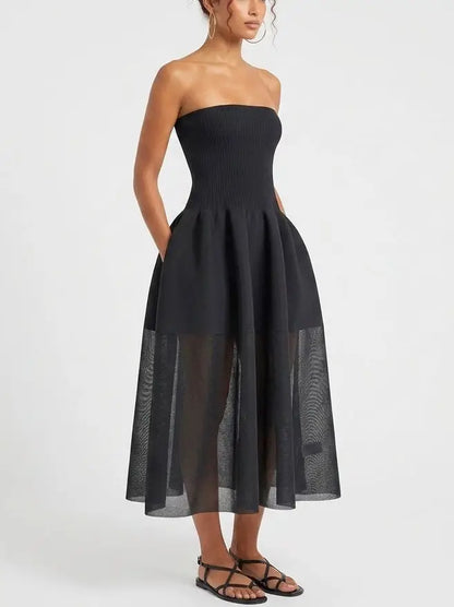 Black Strapless Ribbed Knit Midi Dress with Sheer Hem - Dresses