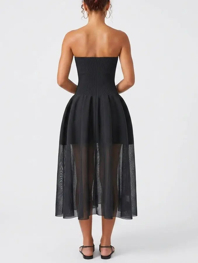 Black Strapless Ribbed Knit Midi Dress with Sheer Hem - Dresses
