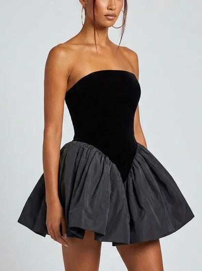 Black Strapless Velvet Bubble Hem Mini Dress - Dresses