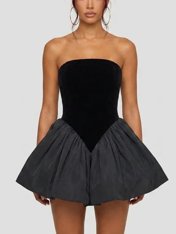 Black Strapless Velvet Bubble Hem Mini Dress - Dresses