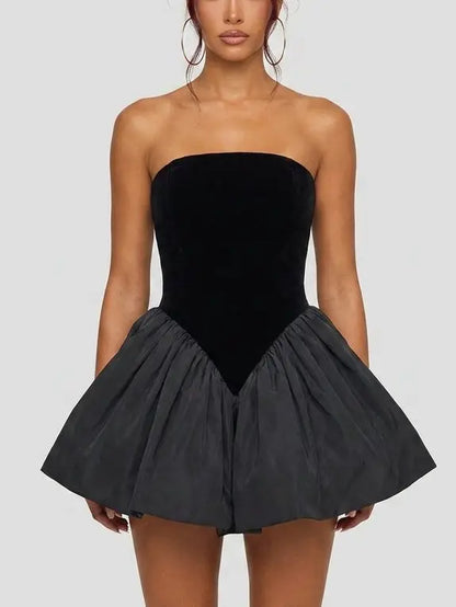 Black Strapless Velvet Bubble Hem Mini Dress - Dresses