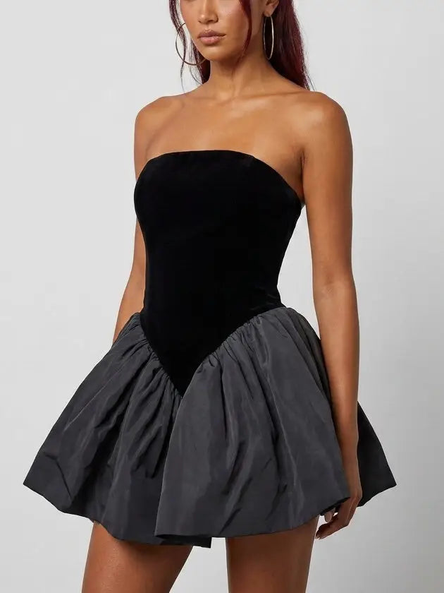 Black Strapless Velvet Bubble Hem Mini Dress - Dresses