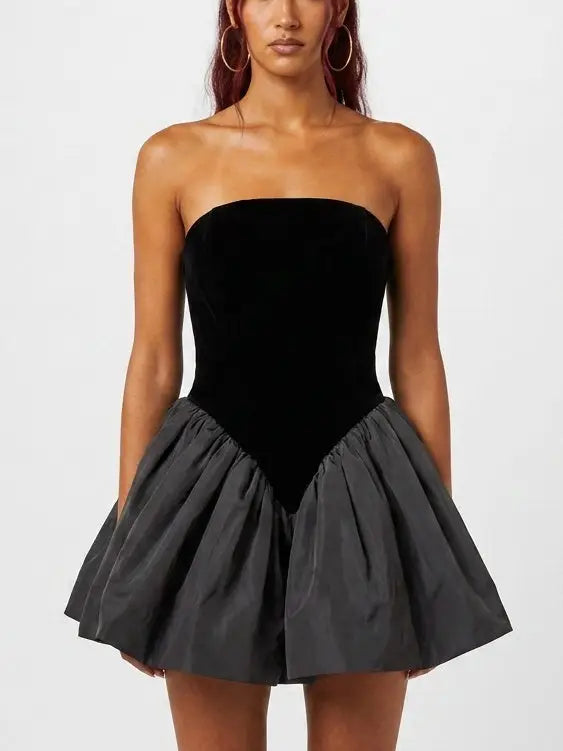 Black Strapless Velvet Bubble Hem Mini Dress - Dresses