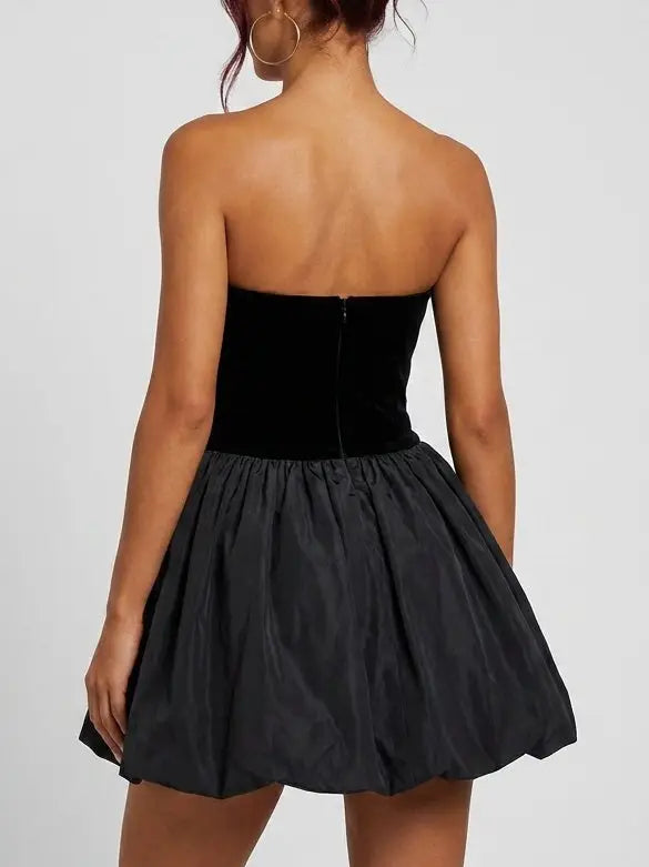 Black Strapless Velvet Bubble Hem Mini Dress - Dresses