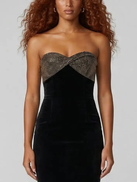 Black Strapless Velvet Rhinestone Bust Gown - Dresses